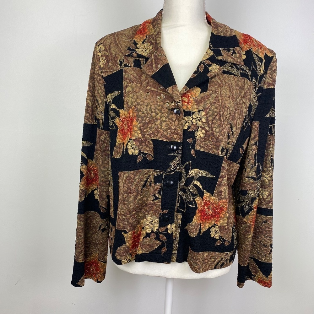 Coldwater Creek Floral Amber Orange Black Gold Lightweight Collar Jacket Blazer